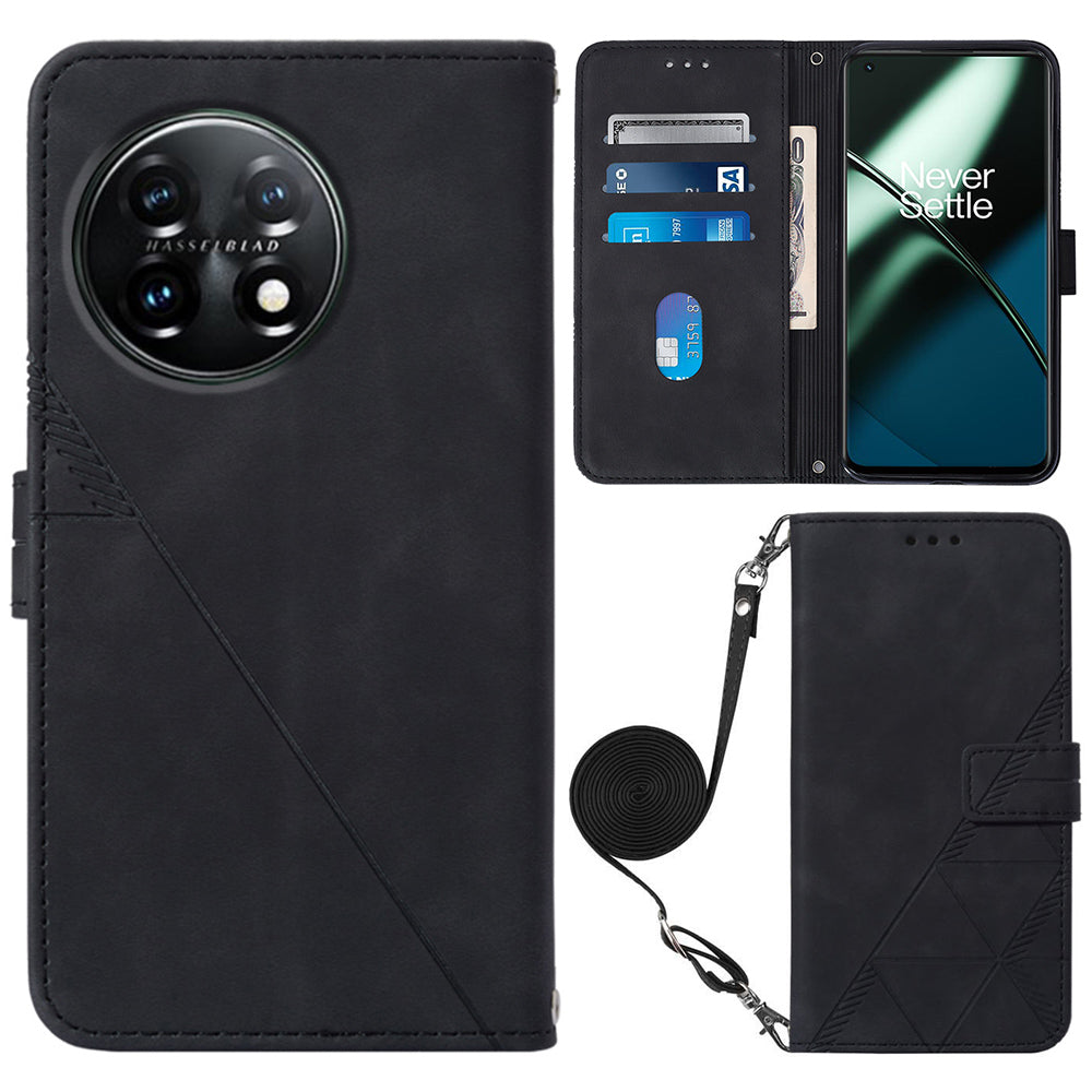 YB Imprinting Series-2 Flip Case for OnePlus 11 5G Imprinted Lines Wallet Stand Leather Phone Cover - Black