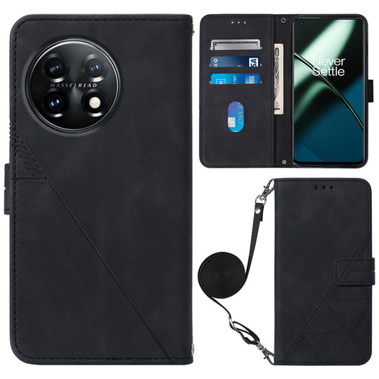 YB Imprinting Series-2 Flip Case for OnePlus 11 5G Imprinted Lines Wallet Stand Leather Phone Cover - Black