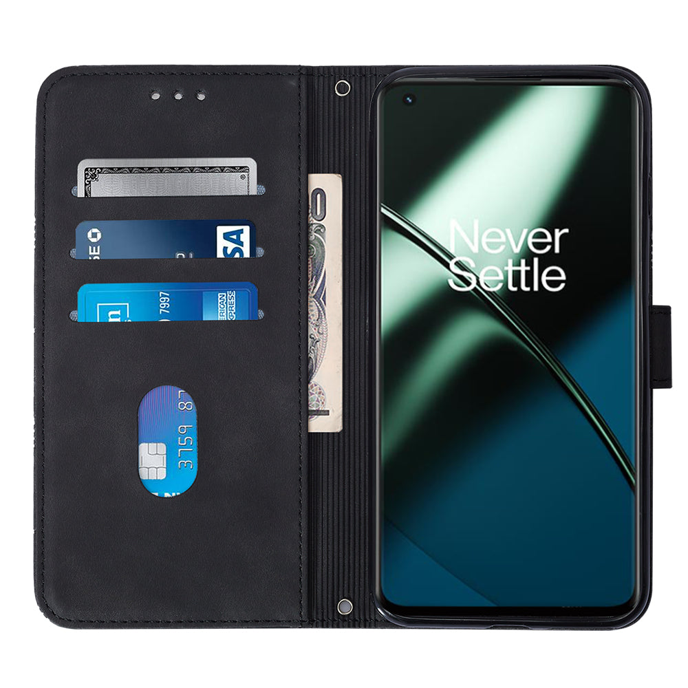 YB Imprinting Series-2 Flip Case for OnePlus 11 5G Imprinted Lines Wallet Stand Leather Phone Cover - Black