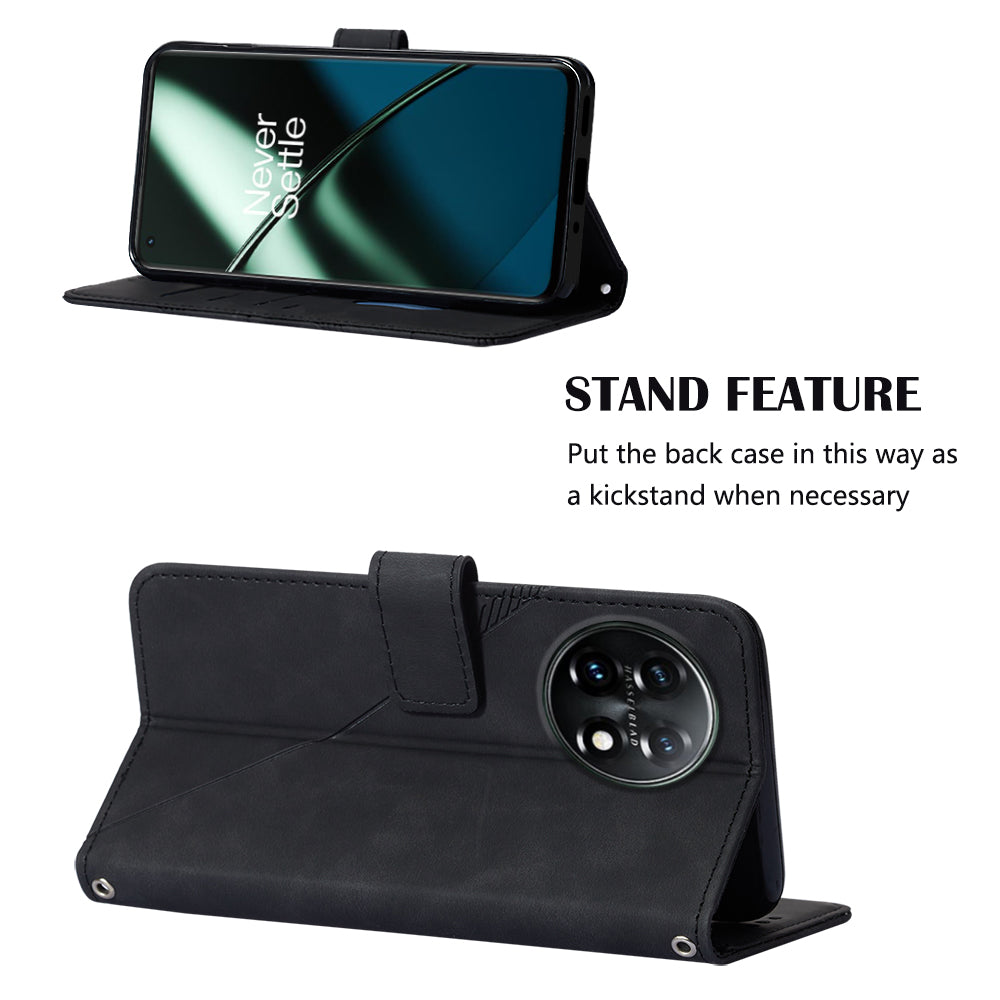 YB Imprinting Series-2 Flip Case for OnePlus 11 5G Imprinted Lines Wallet Stand Leather Phone Cover - Black