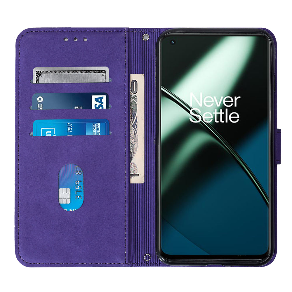 YB Imprinting Series-2 Flip Case for OnePlus 11 5G Imprinted Lines Wallet Stand Leather Phone Cover - Purple