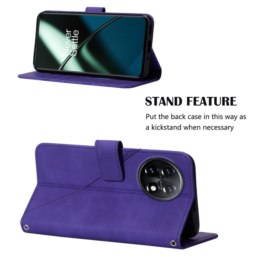 YB Imprinting Series-2 Flip Case for OnePlus 11 5G Imprinted Lines Wallet Stand Leather Phone Cover - Purple
