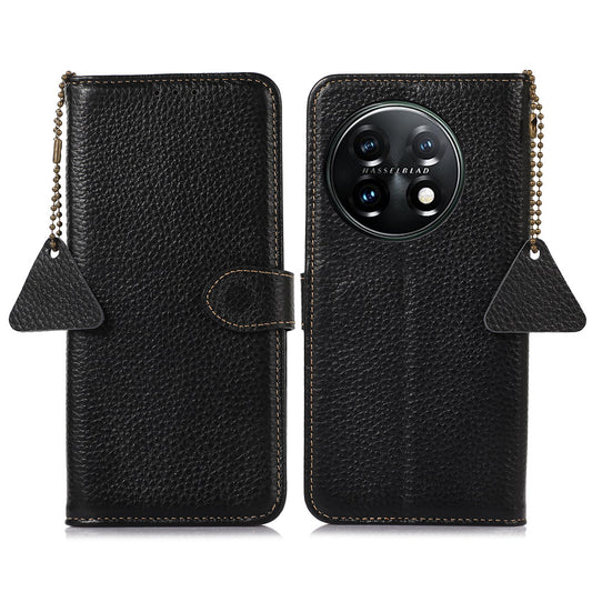 For OnePlus 11 5G RFID Blocking Stand Shell Cover Genuine Cow Leather Litchi Texture Wallet Case - Black