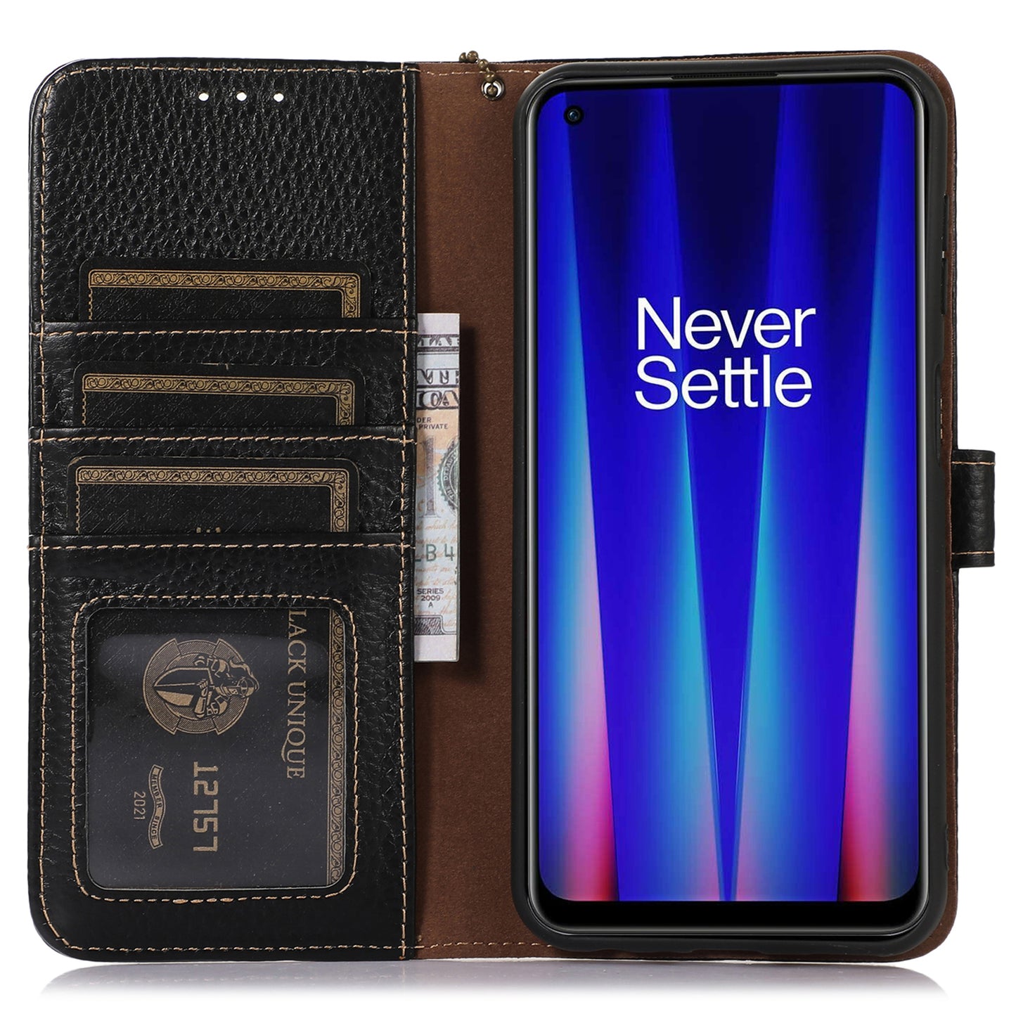 For OnePlus 11 5G RFID Blocking Stand Shell Cover Genuine Cow Leather Litchi Texture Wallet Case - Black