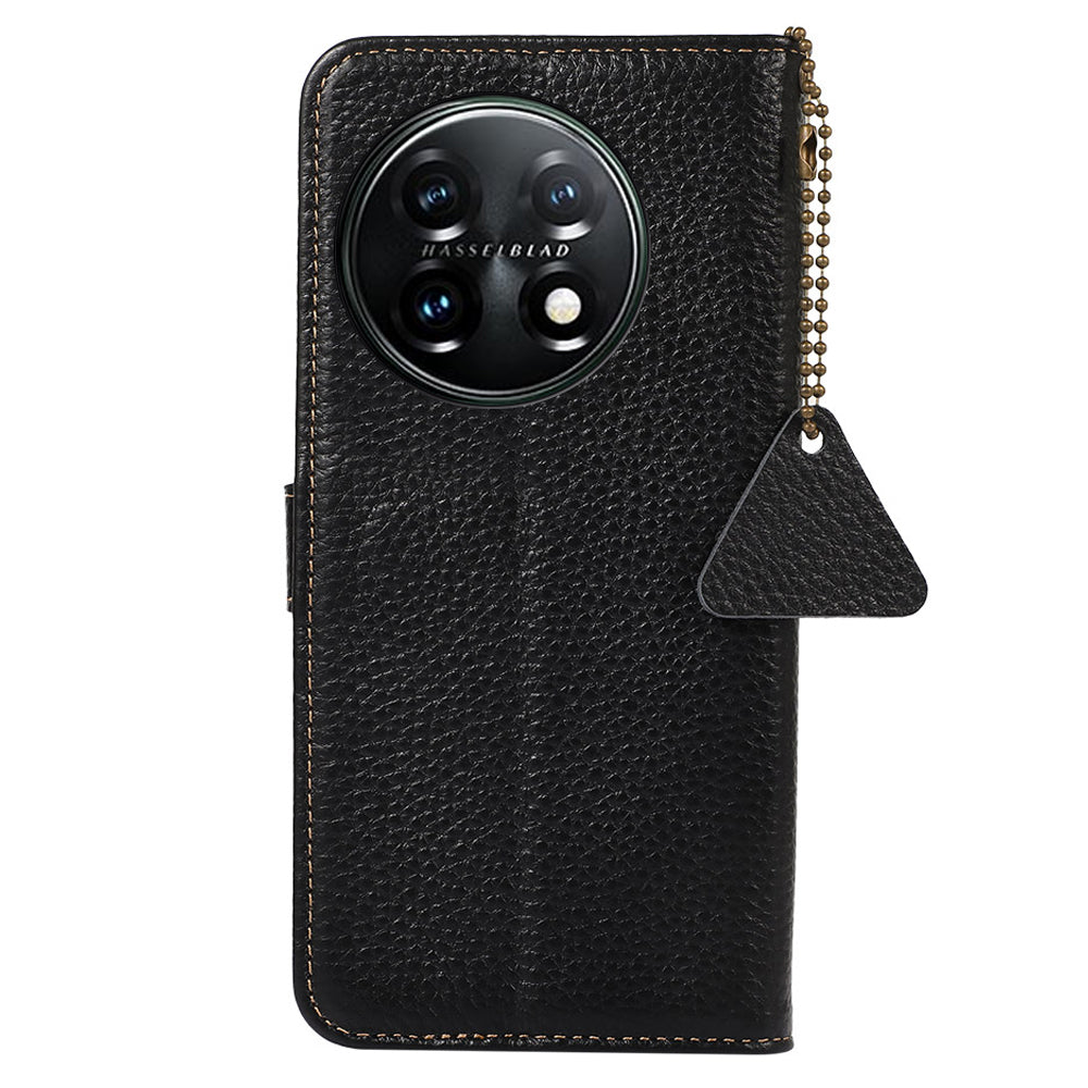For OnePlus 11 5G RFID Blocking Stand Shell Cover Genuine Cow Leather Litchi Texture Wallet Case - Black