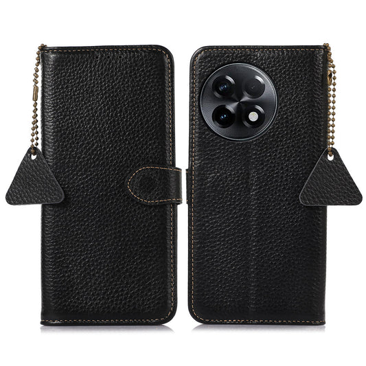 For OnePlus Ace 2 5G / 11R 5G Anti-Fingerprint Wallet Genuine Cow Leather Litchi Texture RFID Blocking Stand Case - Black