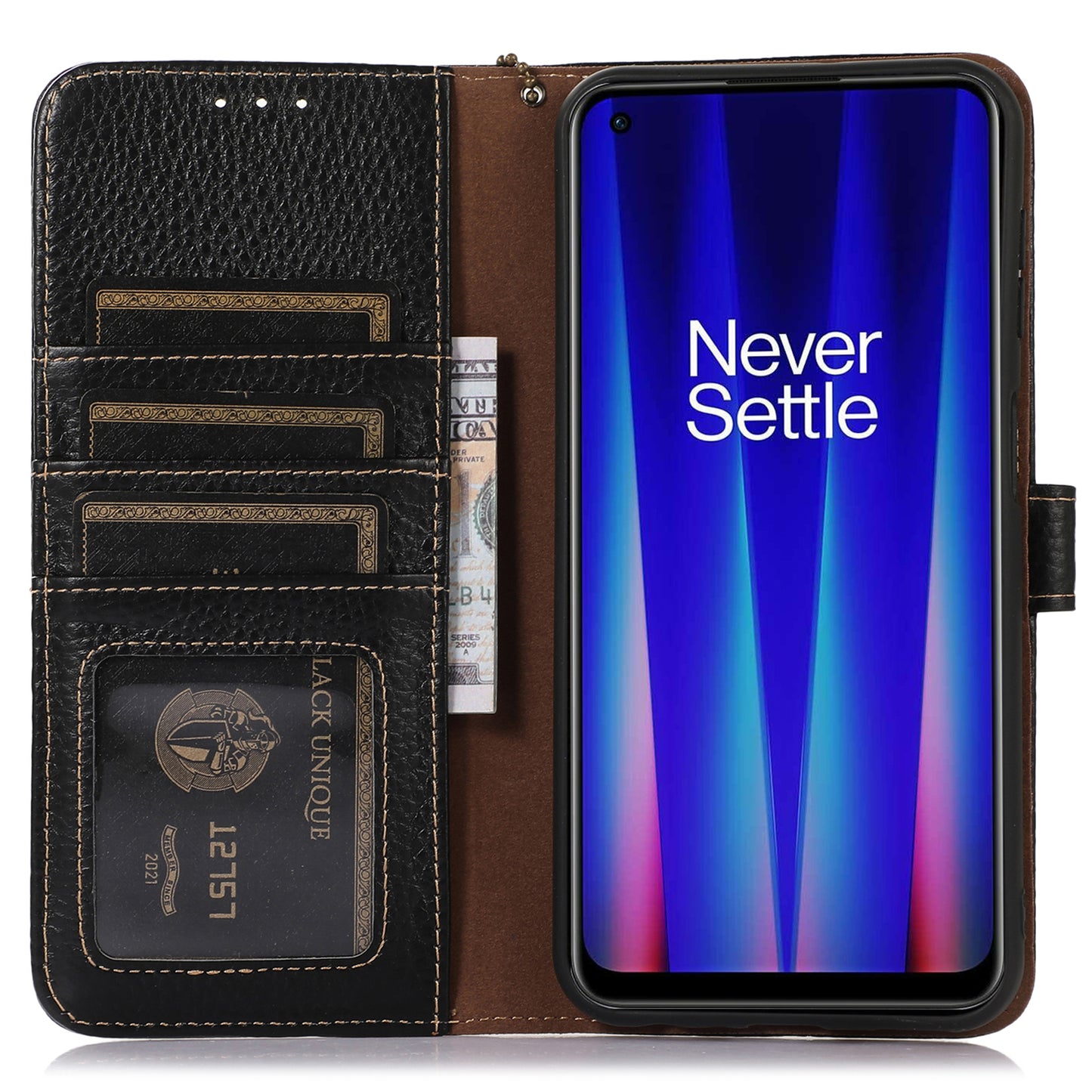 For OnePlus Ace 2 5G / 11R 5G Anti-Fingerprint Wallet Genuine Cow Leather Litchi Texture RFID Blocking Stand Case - Black