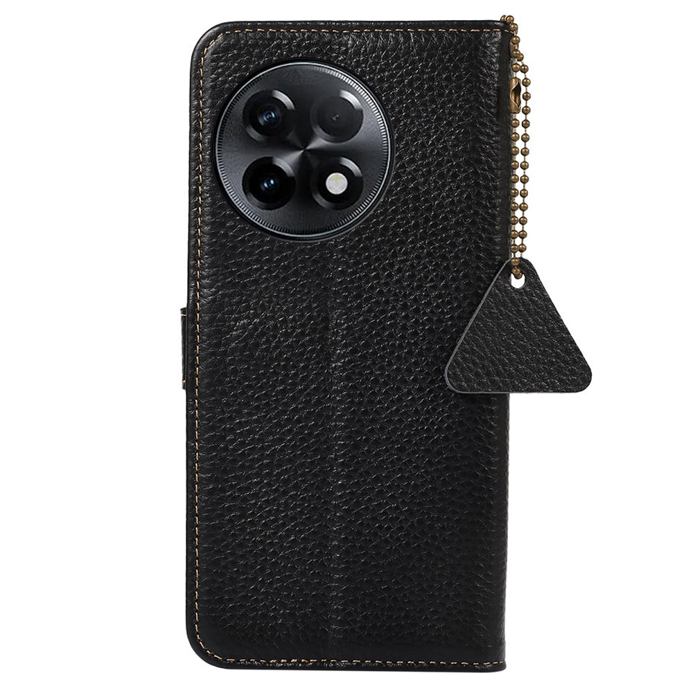 For OnePlus Ace 2 5G / 11R 5G Anti-Fingerprint Wallet Genuine Cow Leather Litchi Texture RFID Blocking Stand Case - Black