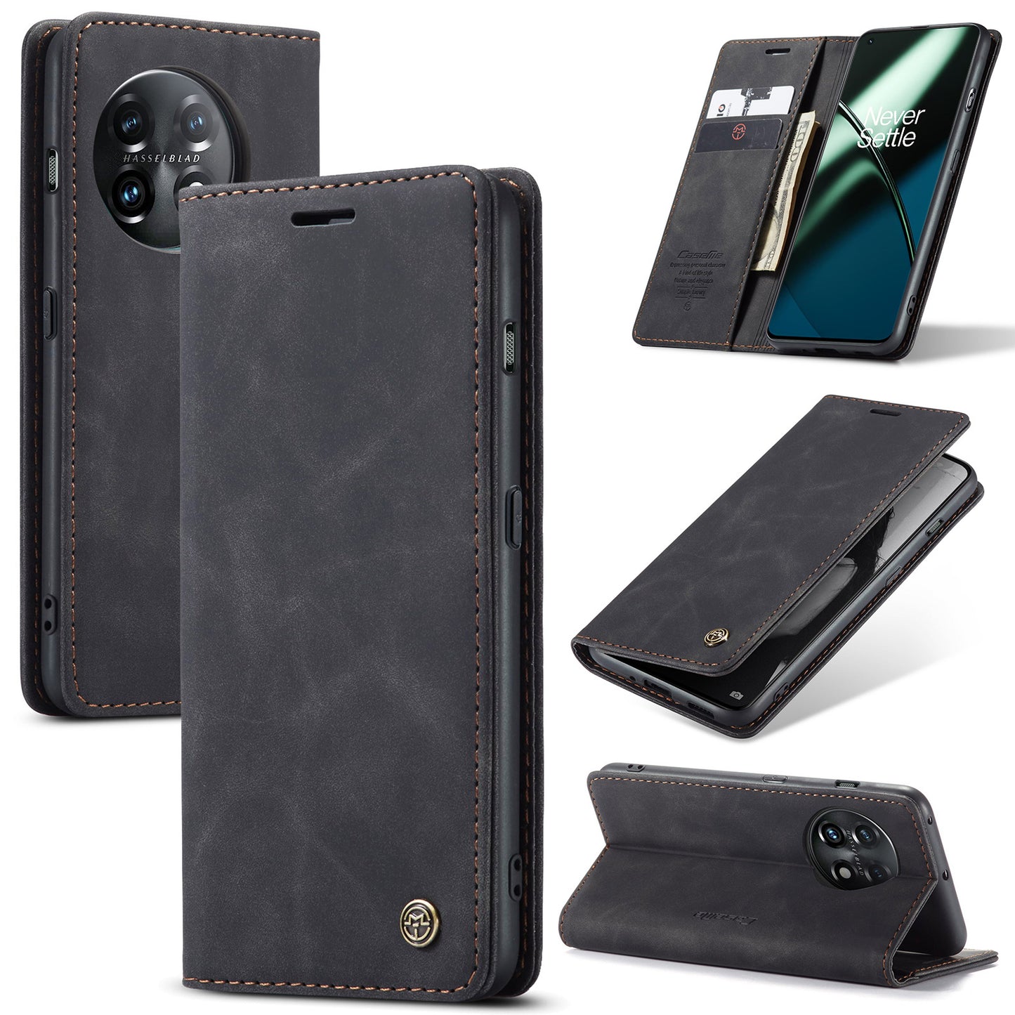 CASEME 013 Series Phone Shell for OnePlus 11 5G Magnetic Flip PU Leather Case Wallet Stand Cover - Black