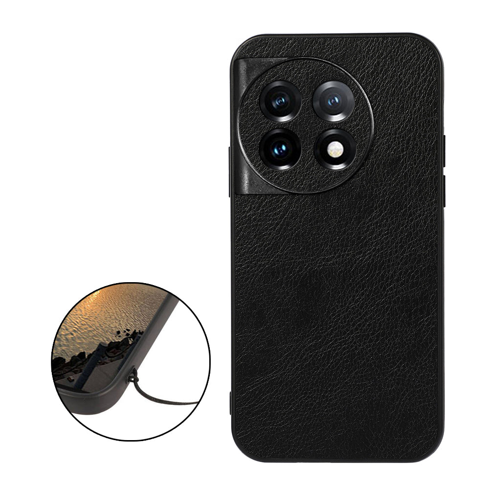 For OnePlus 11 5G Litchi Texture Phone Case Leather Coated PC+TPU Phone Cover - Black