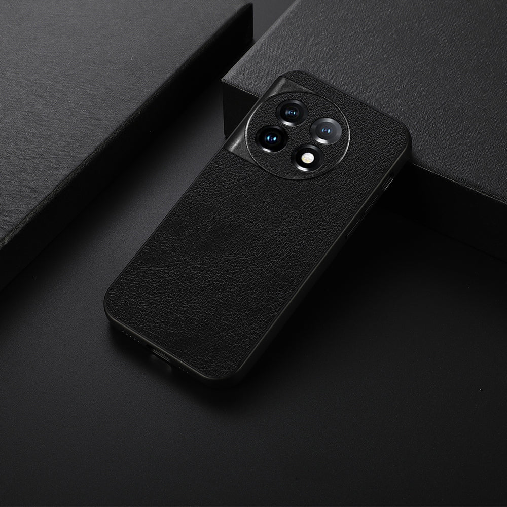 For OnePlus 11 5G Litchi Texture Phone Case Leather Coated PC+TPU Phone Cover - Black
