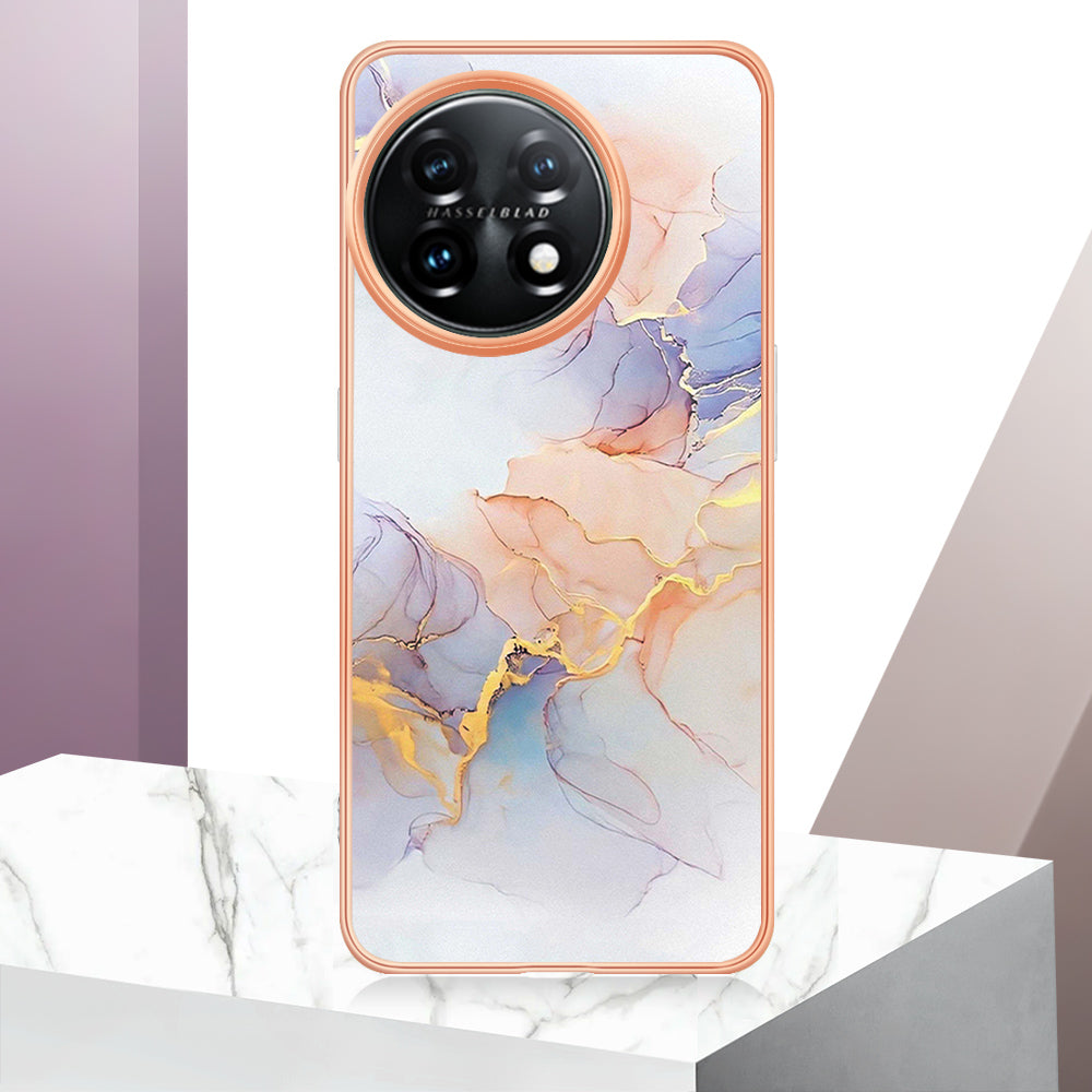 YB IMD Series-1 for OnePlus 11 5G Anti-Dust Phone Case Marble Floral Pattern Electroplating TPU IMD Cover - Milky Way Marble White