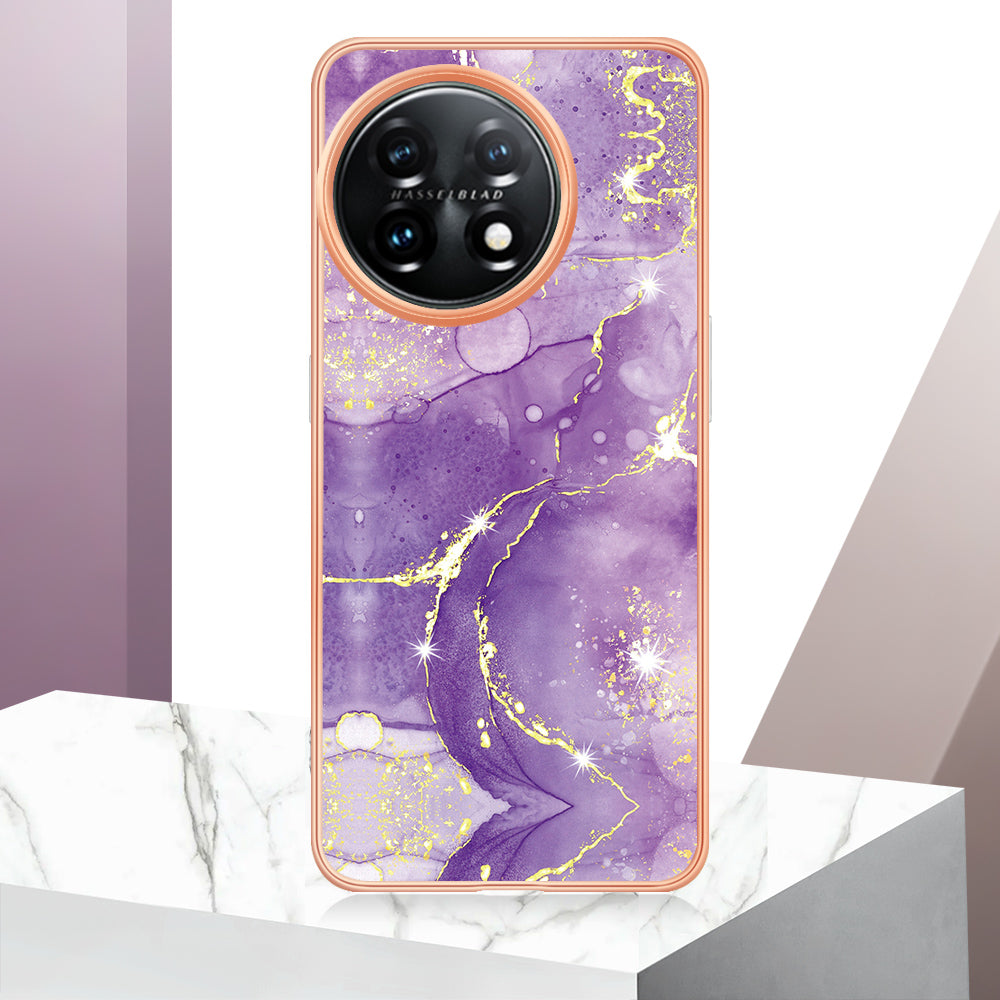 For OnePlus 11 5G YB IMD Series-2 Marble Pattern IMD TPU Case Electroplating Cell Phone Shell - Purple 002