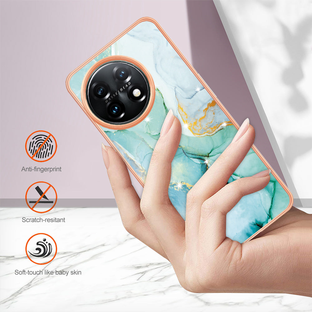 For OnePlus 11 5G YB IMD Series-2 Marble Pattern IMD TPU Case Electroplating Cell Phone Shell - Green 003