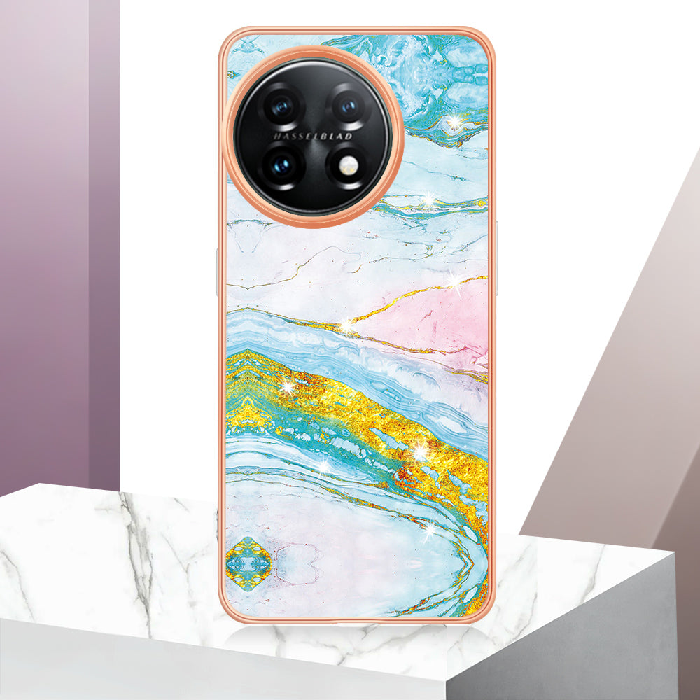 For OnePlus 11 5G YB IMD Series-2 Marble Pattern IMD TPU Case Electroplating Cell Phone Shell - Green 004