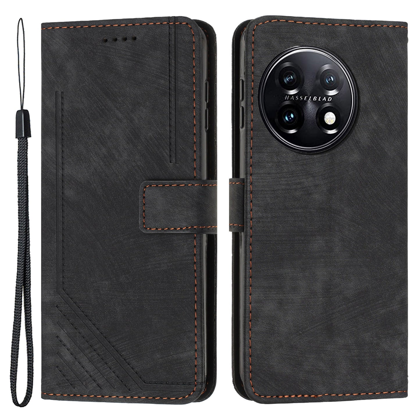 For OnePlus 11 5G Shockproof Phone Case Stand Imprinted Lines PU Leather Wallet Skin-touch Phone Cover - Black