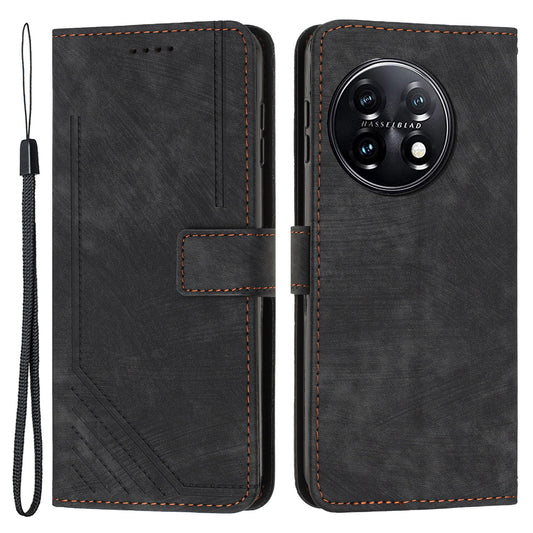 For OnePlus 11 5G Shockproof Phone Case Stand Imprinted Lines PU Leather Wallet Skin-touch Phone Cover - Black