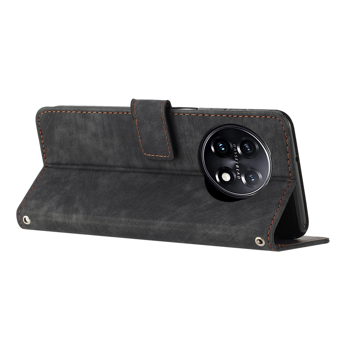 For OnePlus 11 5G Shockproof Phone Case Stand Imprinted Lines PU Leather Wallet Skin-touch Phone Cover - Black
