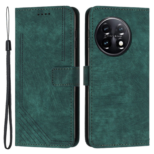 For OnePlus 11 5G Shockproof Phone Case Stand Imprinted Lines PU Leather Wallet Skin-touch Phone Cover - Green