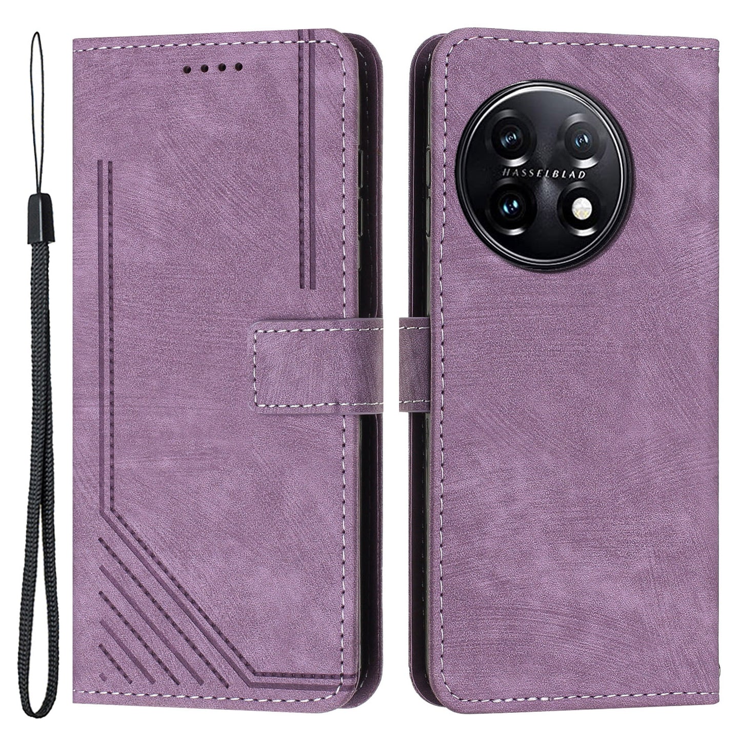 For OnePlus 11 5G Shockproof Phone Case Stand Imprinted Lines PU Leather Wallet Skin-touch Phone Cover - Purple