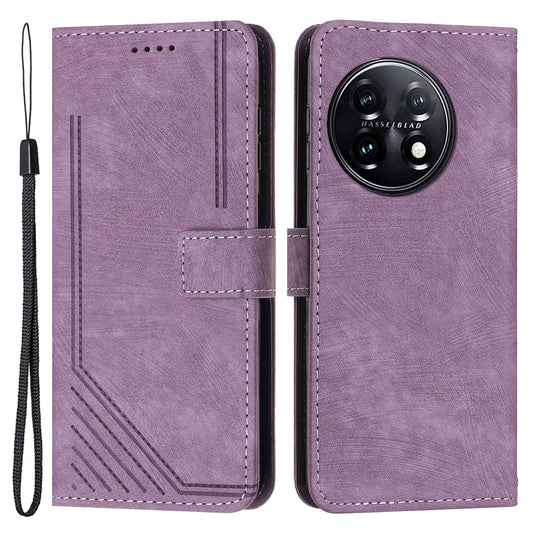 For OnePlus 11 5G Shockproof Phone Case Stand Imprinted Lines PU Leather Wallet Skin-touch Phone Cover - Purple