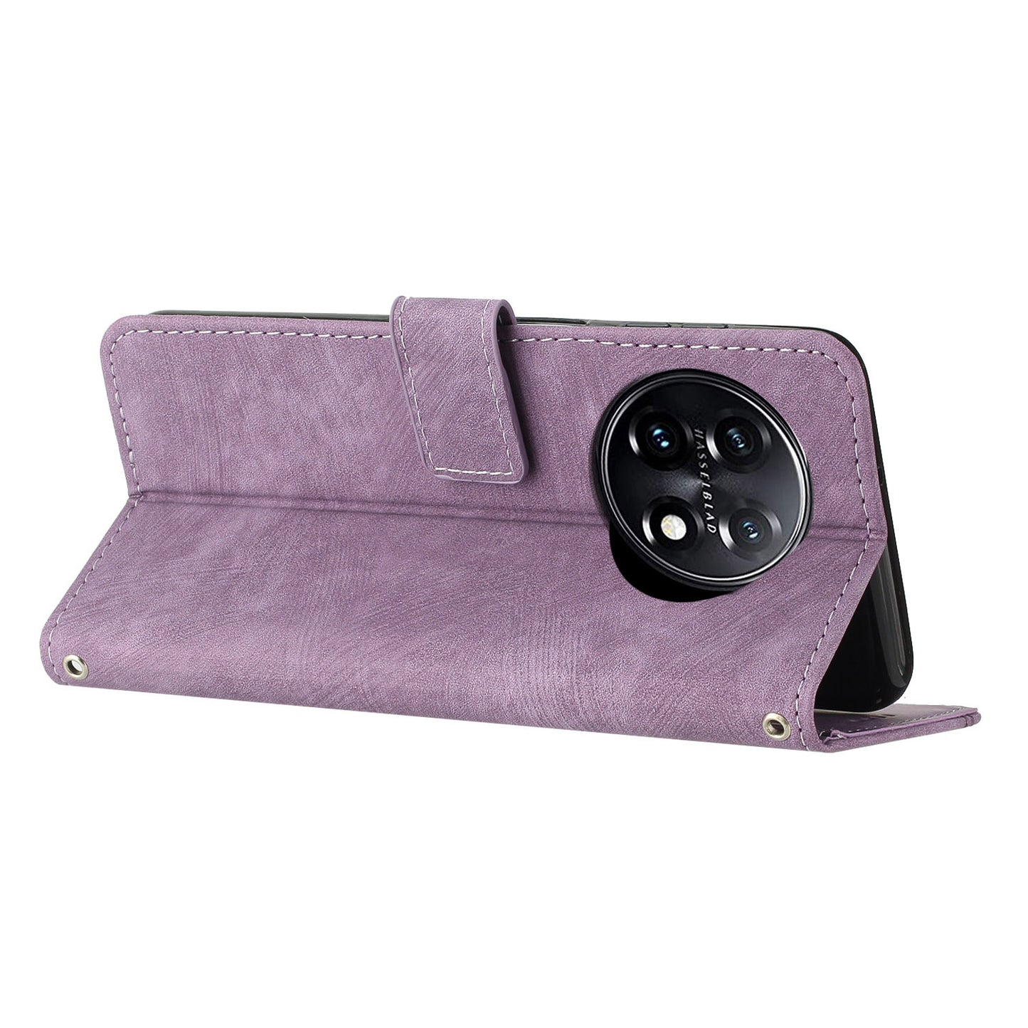 For OnePlus 11 5G Shockproof Phone Case Stand Imprinted Lines PU Leather Wallet Skin-touch Phone Cover - Purple