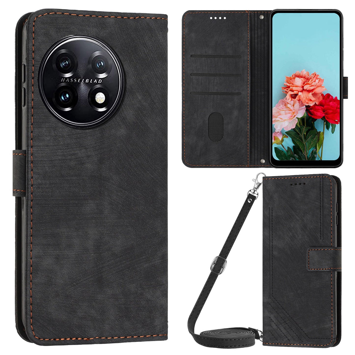 For OnePlus 11 5G PU Leather Skin-touch Wallet Case Stand Lines Imprinted TPU Inner Shell Phone Cover - Black