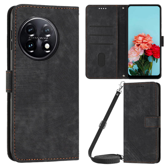 For OnePlus 11 5G PU Leather Skin-touch Wallet Case Stand Lines Imprinted TPU Inner Shell Phone Cover - Black