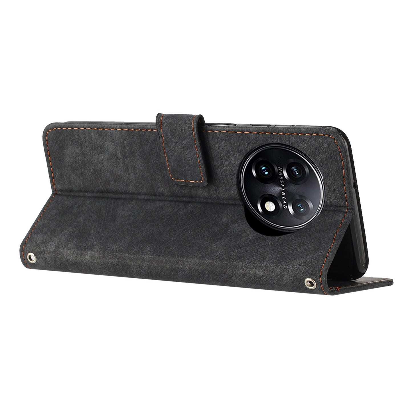 For OnePlus 11 5G PU Leather Skin-touch Wallet Case Stand Lines Imprinted TPU Inner Shell Phone Cover - Black
