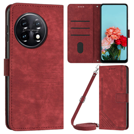 For OnePlus 11 5G PU Leather Skin-touch Wallet Case Stand Lines Imprinted TPU Inner Shell Phone Cover - Red