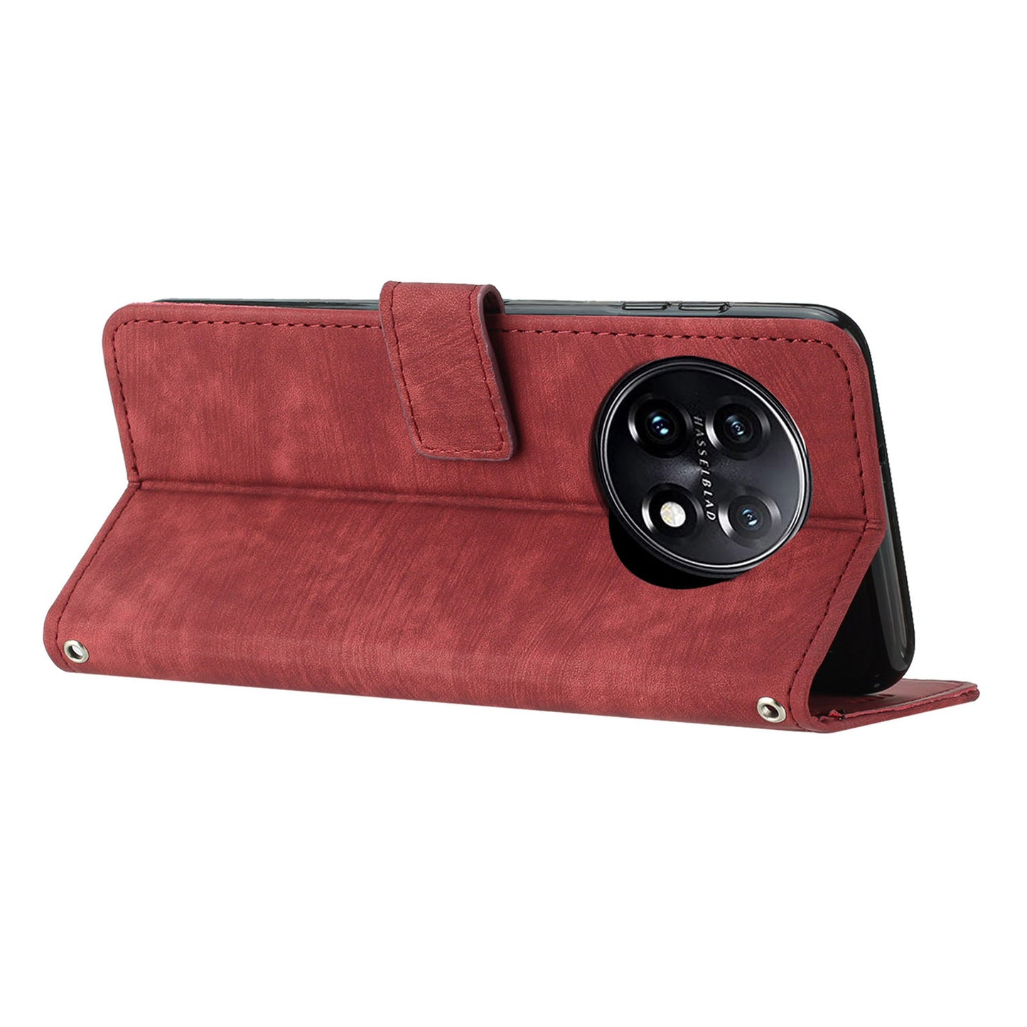 For OnePlus 11 5G PU Leather Skin-touch Wallet Case Stand Lines Imprinted TPU Inner Shell Phone Cover - Red