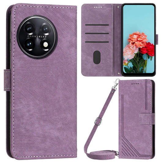 For OnePlus 11 5G PU Leather Skin-touch Wallet Case Stand Lines Imprinted TPU Inner Shell Phone Cover - Purple