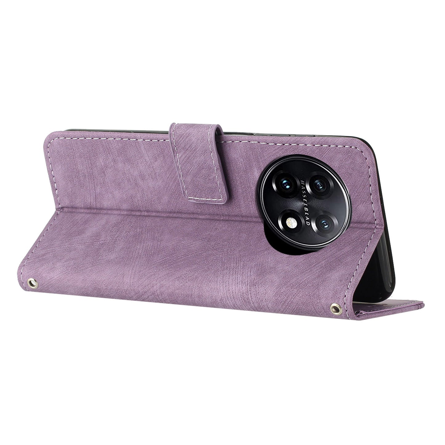 For OnePlus 11 5G PU Leather Skin-touch Wallet Case Stand Lines Imprinted TPU Inner Shell Phone Cover - Purple