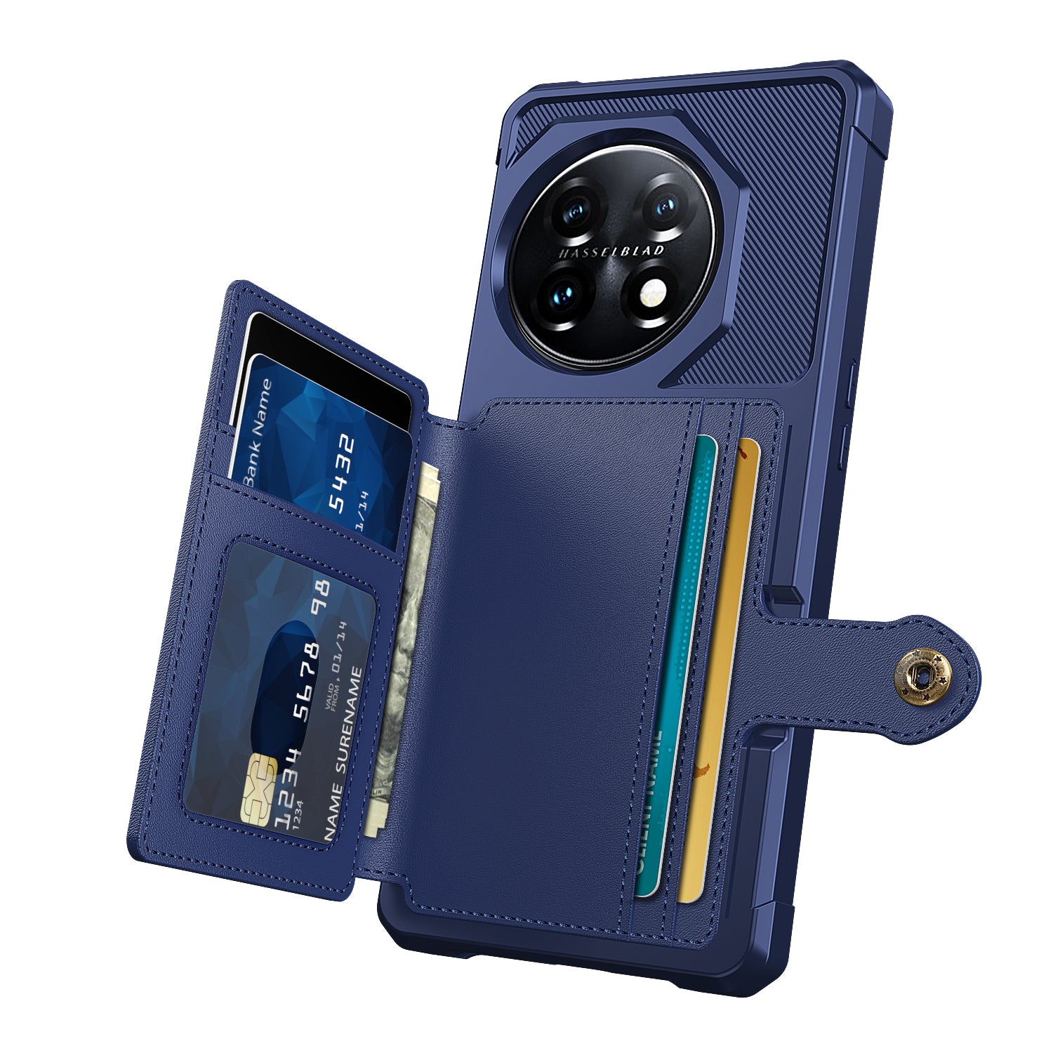 ZM03 For OnePlus 11 5G Shockproof Case PU Leather Coated TPU Phone Cover with Card Holder, Kickstand - Blue
