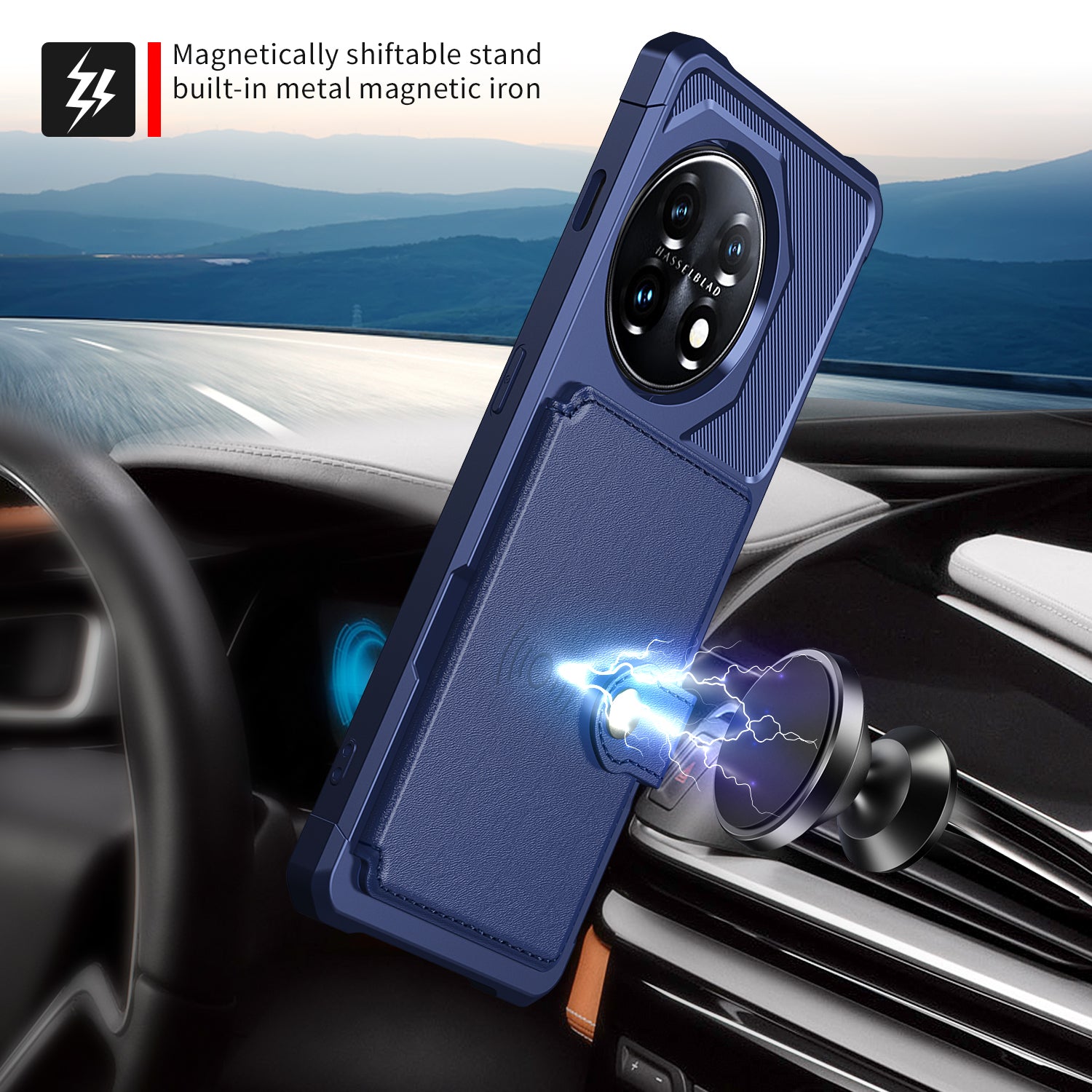 ZM03 For OnePlus 11 5G Shockproof Case PU Leather Coated TPU Phone Cover with Card Holder, Kickstand - Blue