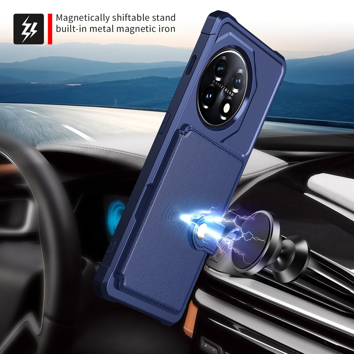 ZM03 For OnePlus 11 5G Shockproof Case PU Leather Coated TPU Phone Cover with Card Holder, Kickstand - Blue