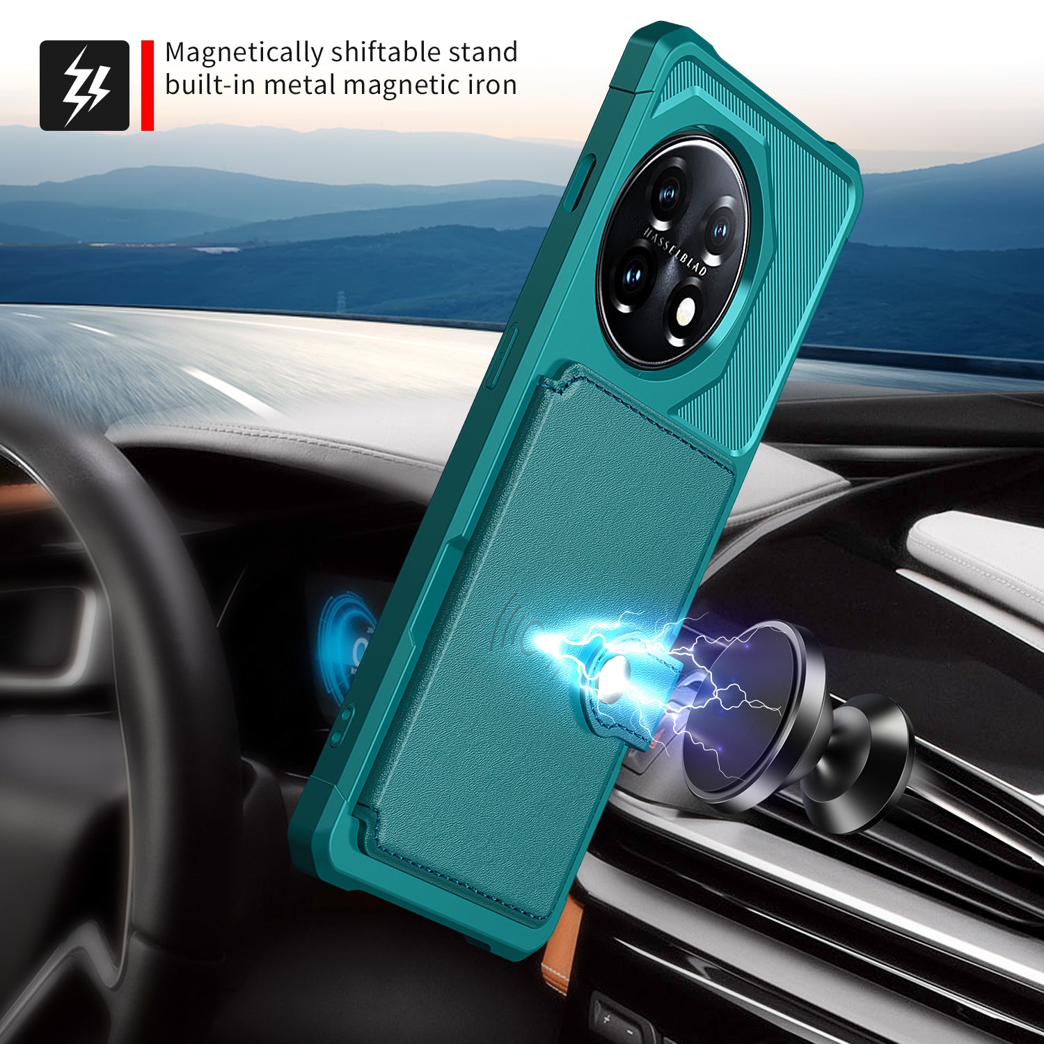 ZM03 For OnePlus 11 5G Shockproof Case PU Leather Coated TPU Phone Cover with Card Holder, Kickstand - Green
