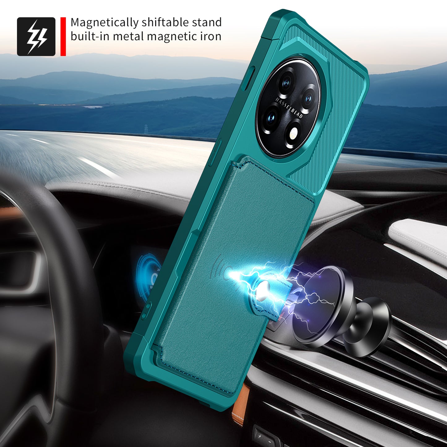 ZM03 For OnePlus 11 5G Shockproof Case PU Leather Coated TPU Phone Cover with Card Holder, Kickstand - Green