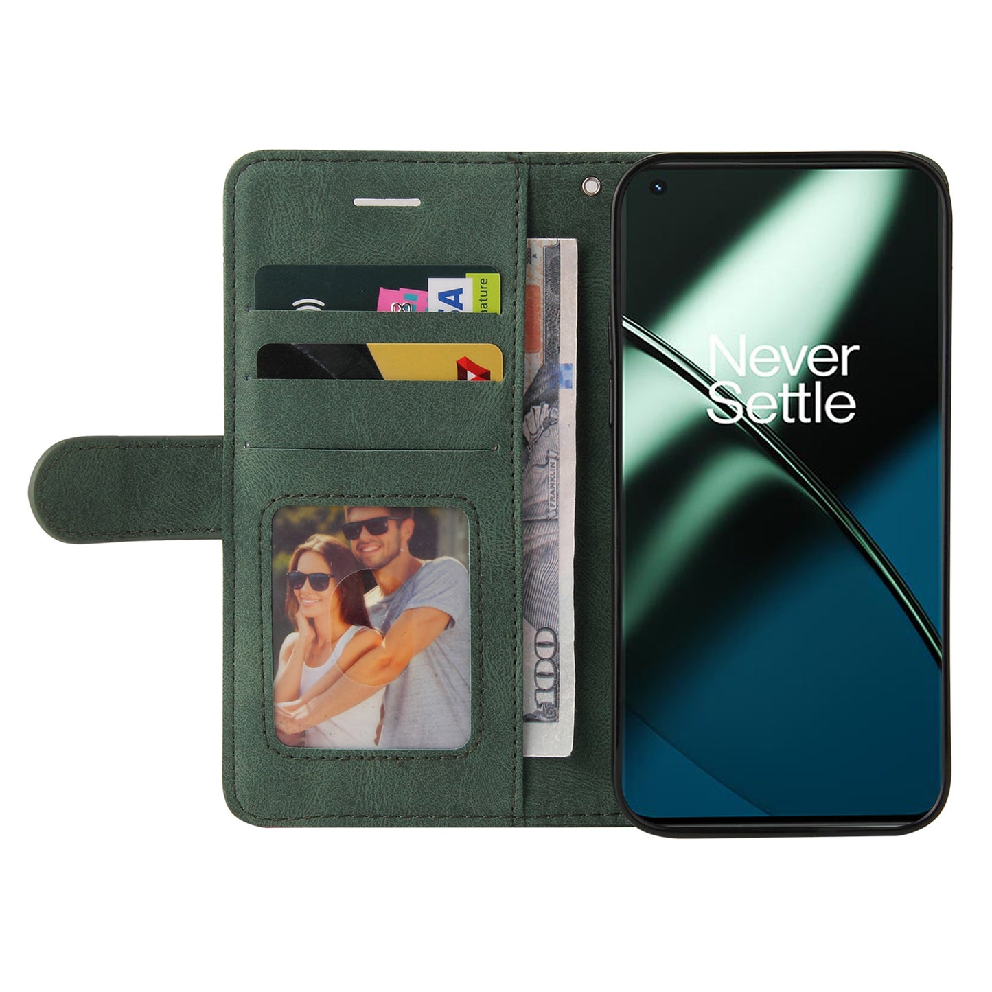KT Leather Series-1 For OnePlus 11 5G Wallet Stand Protective Case Dual-color Splicing PU Leather Phone Cover - Green