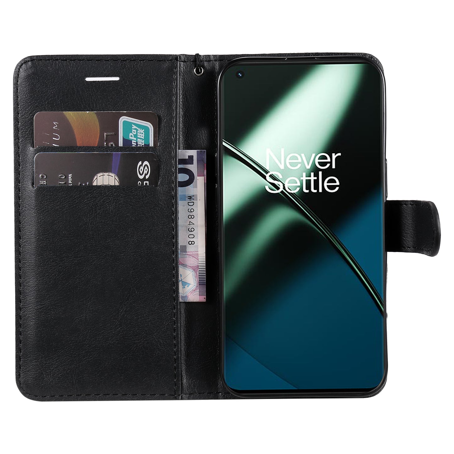 KT Leather Series-2 For OnePlus 11 5G Flip Stand Phone Cover PU Leather Solid Color Wallet Case - Black