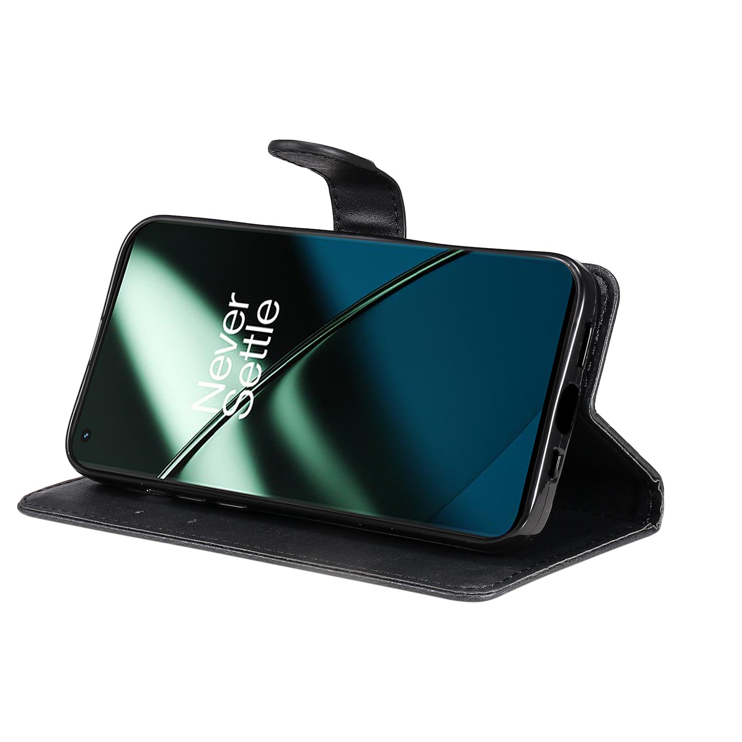 KT Leather Series-2 For OnePlus 11 5G Flip Stand Phone Cover PU Leather Solid Color Wallet Case - Black