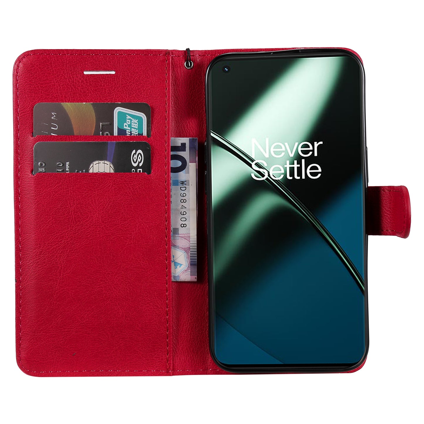 KT Leather Series-2 For OnePlus 11 5G Flip Stand Phone Cover PU Leather Solid Color Wallet Case - Red