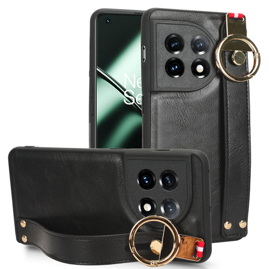 Wristband Kickstand Phone Cover for OnePlus 11 5G , Leather Coated PC+TPU Case with Neck Strap - Black