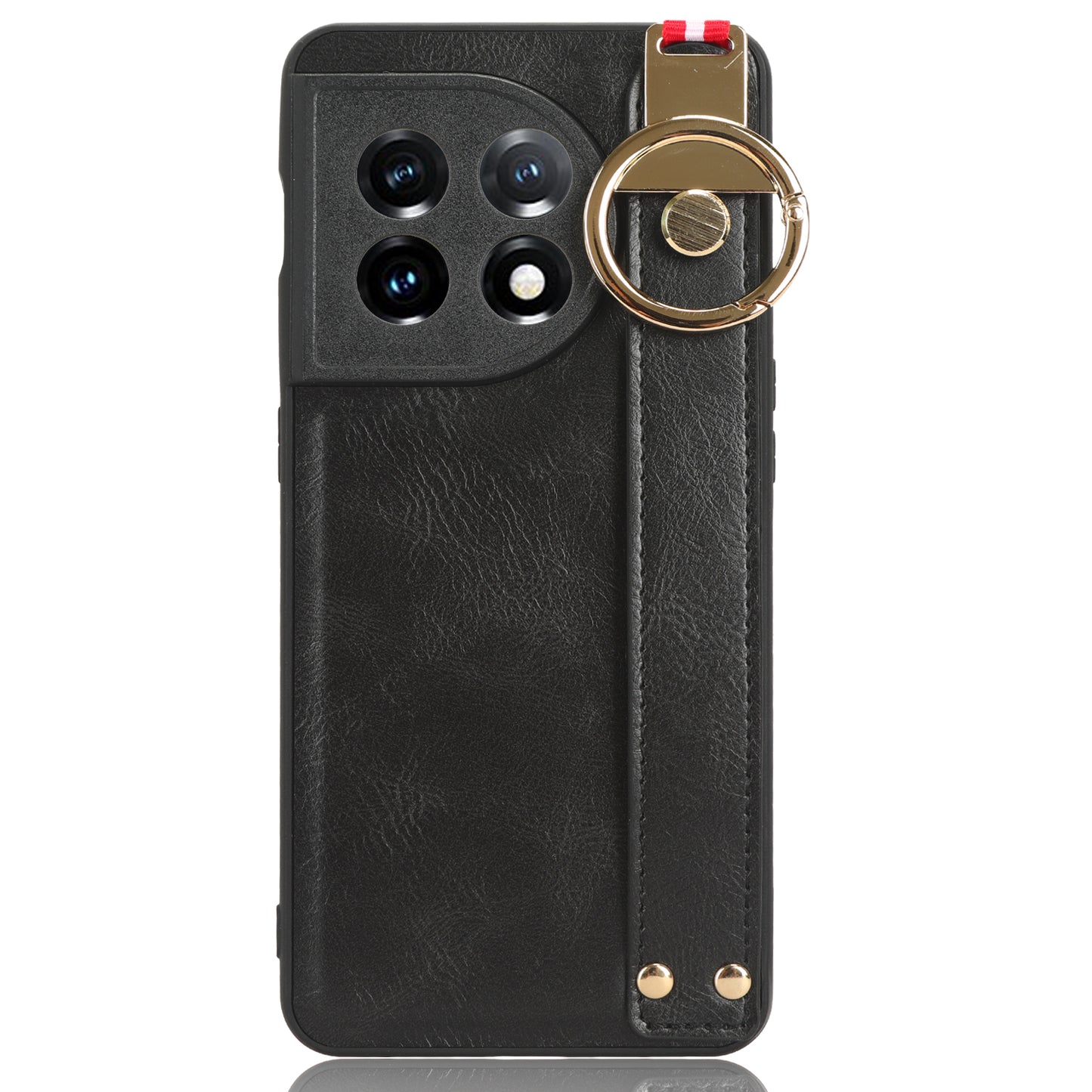 Wristband Kickstand Phone Cover for OnePlus 11 5G , Leather Coated PC+TPU Case with Neck Strap - Black