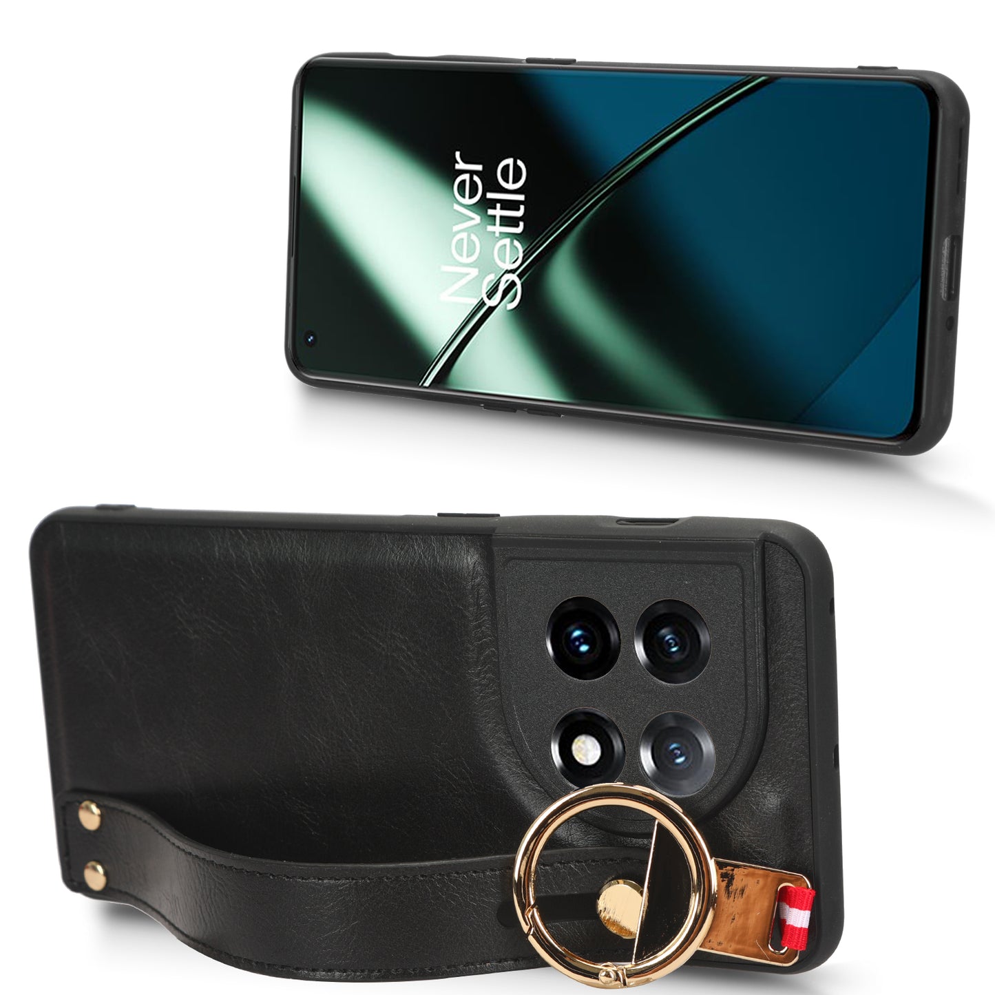 Wristband Kickstand Phone Cover for OnePlus 11 5G , Leather Coated PC+TPU Case with Neck Strap - Black