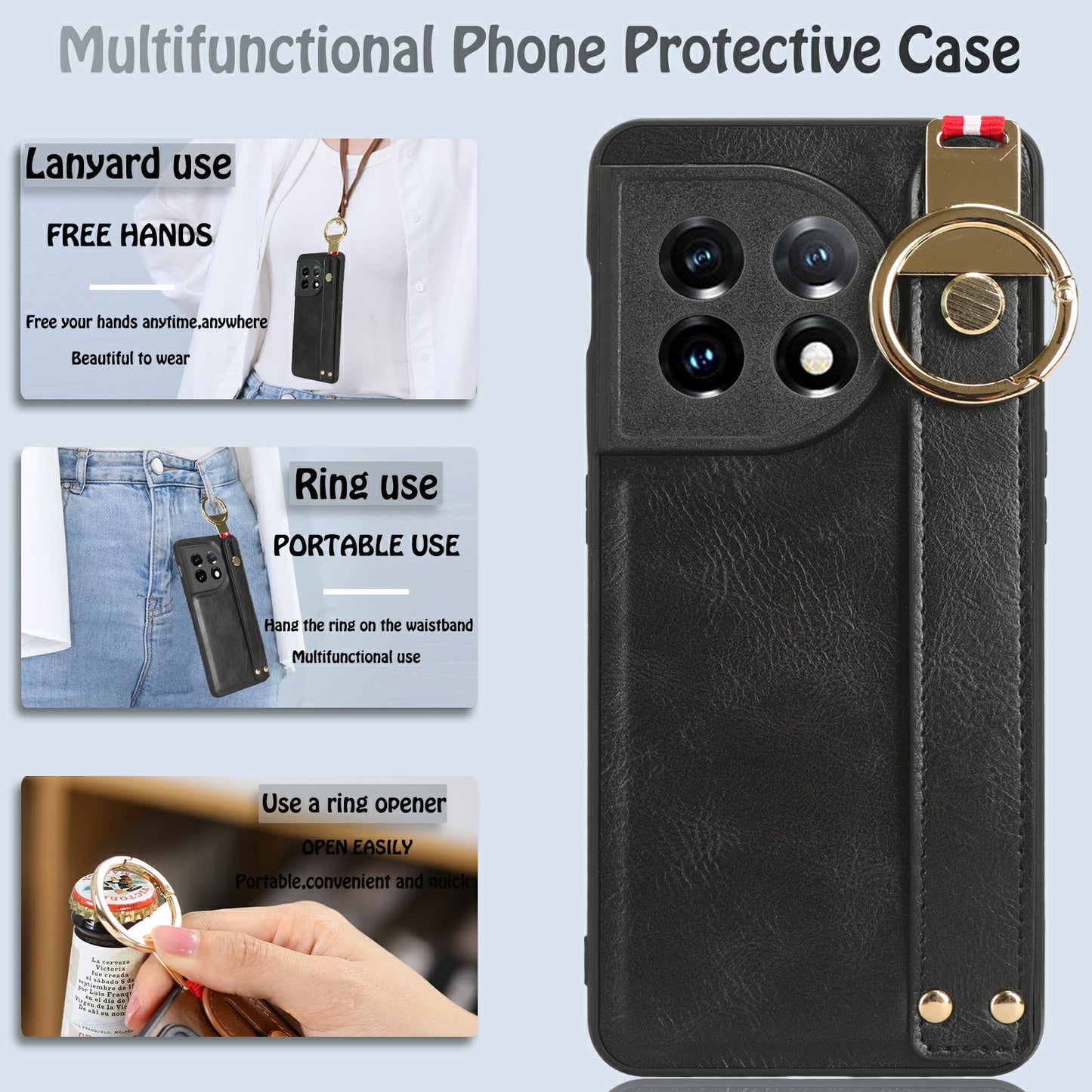 Wristband Kickstand Phone Cover for OnePlus 11 5G , Leather Coated PC+TPU Case with Neck Strap - Black