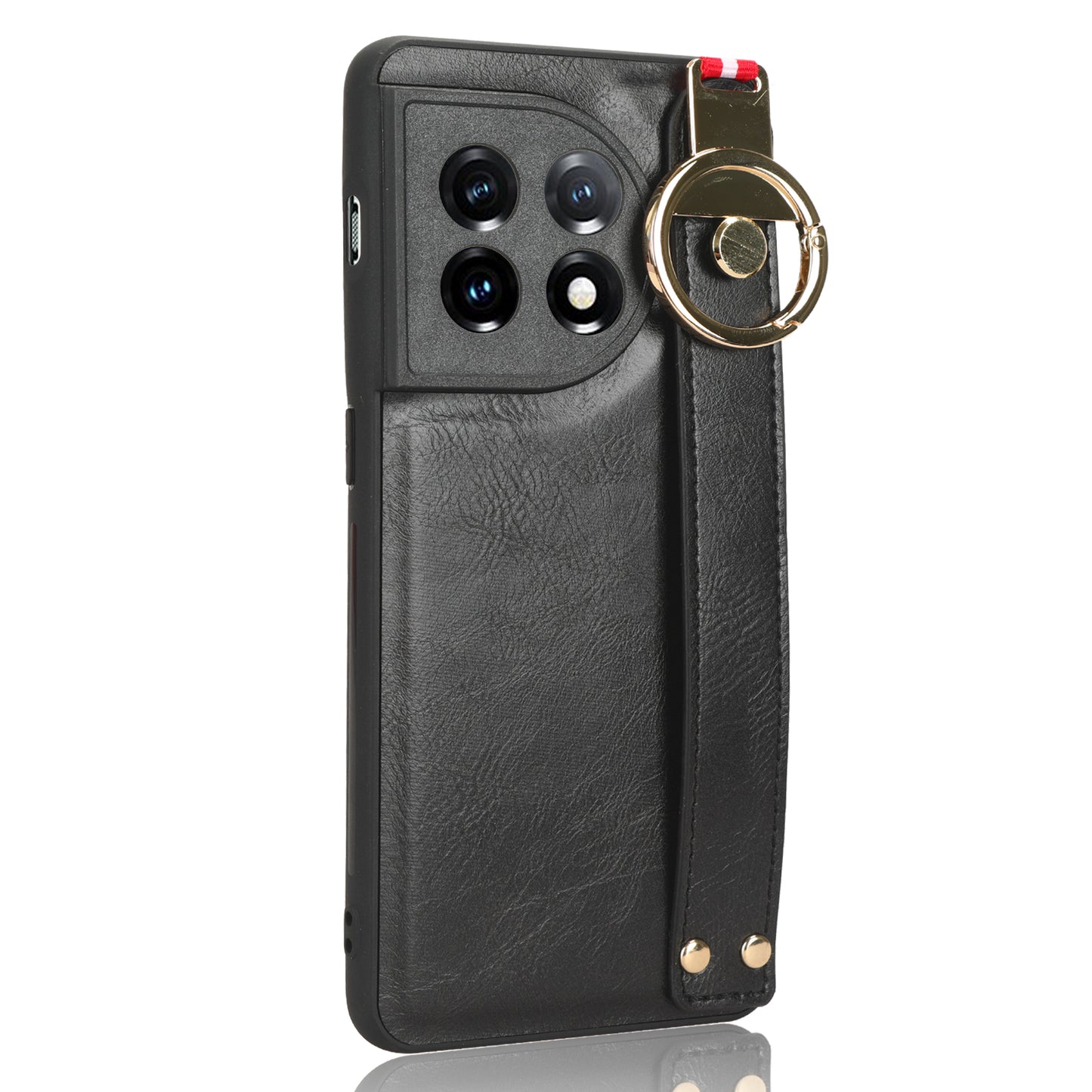 Wristband Kickstand Phone Cover for OnePlus 11 5G , Leather Coated PC+TPU Case with Neck Strap - Black