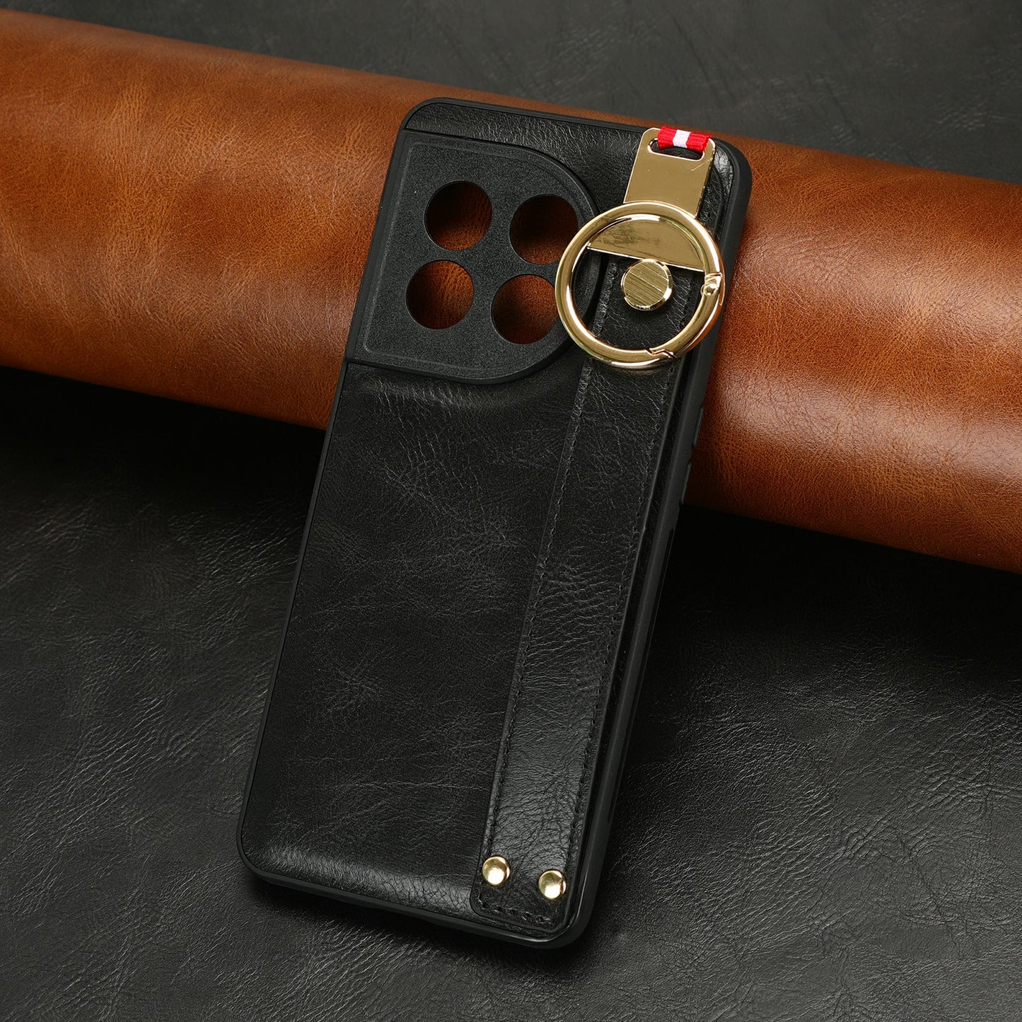 Wristband Kickstand Phone Cover for OnePlus 11 5G , Leather Coated PC+TPU Case with Neck Strap - Black
