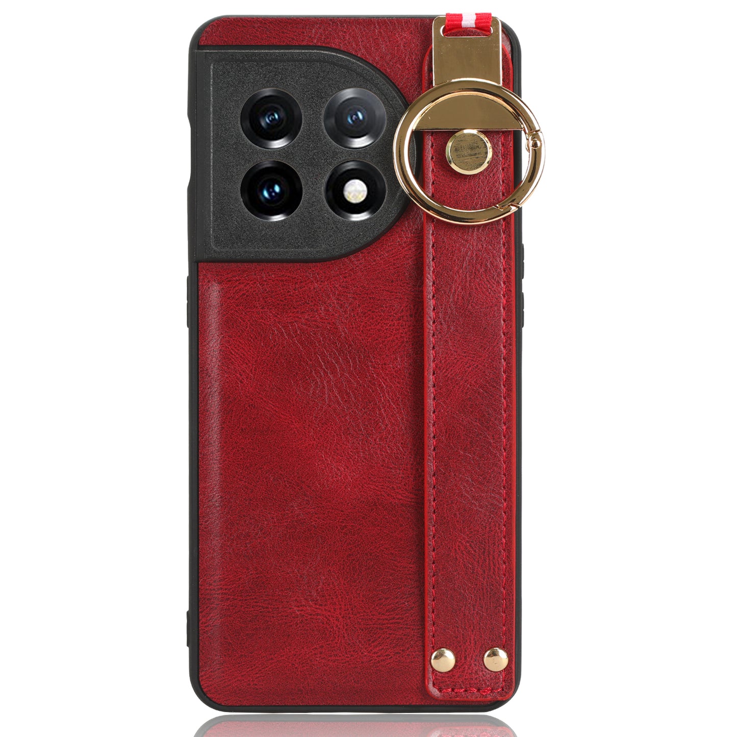Wristband Kickstand Phone Cover for OnePlus 11 5G , Leather Coated PC+TPU Case with Neck Strap - Red