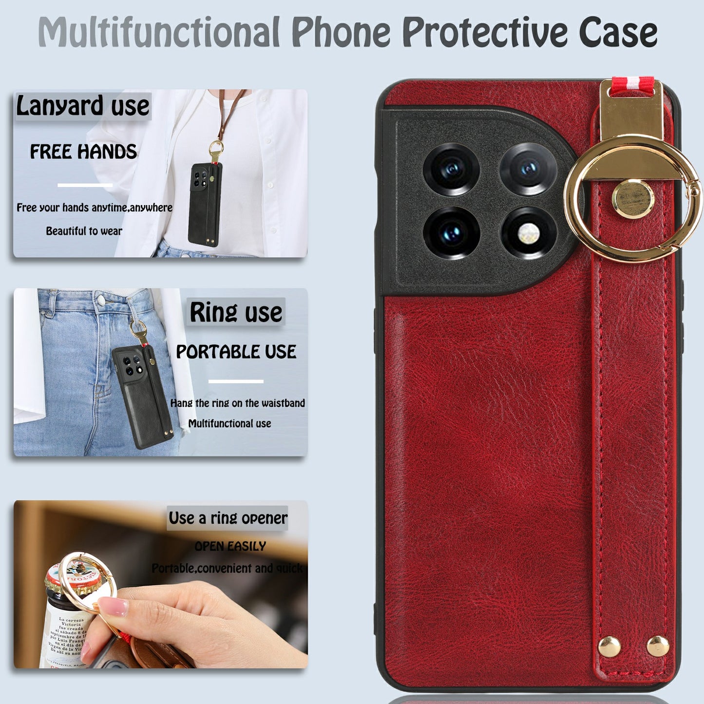 Wristband Kickstand Phone Cover for OnePlus 11 5G , Leather Coated PC+TPU Case with Neck Strap - Red